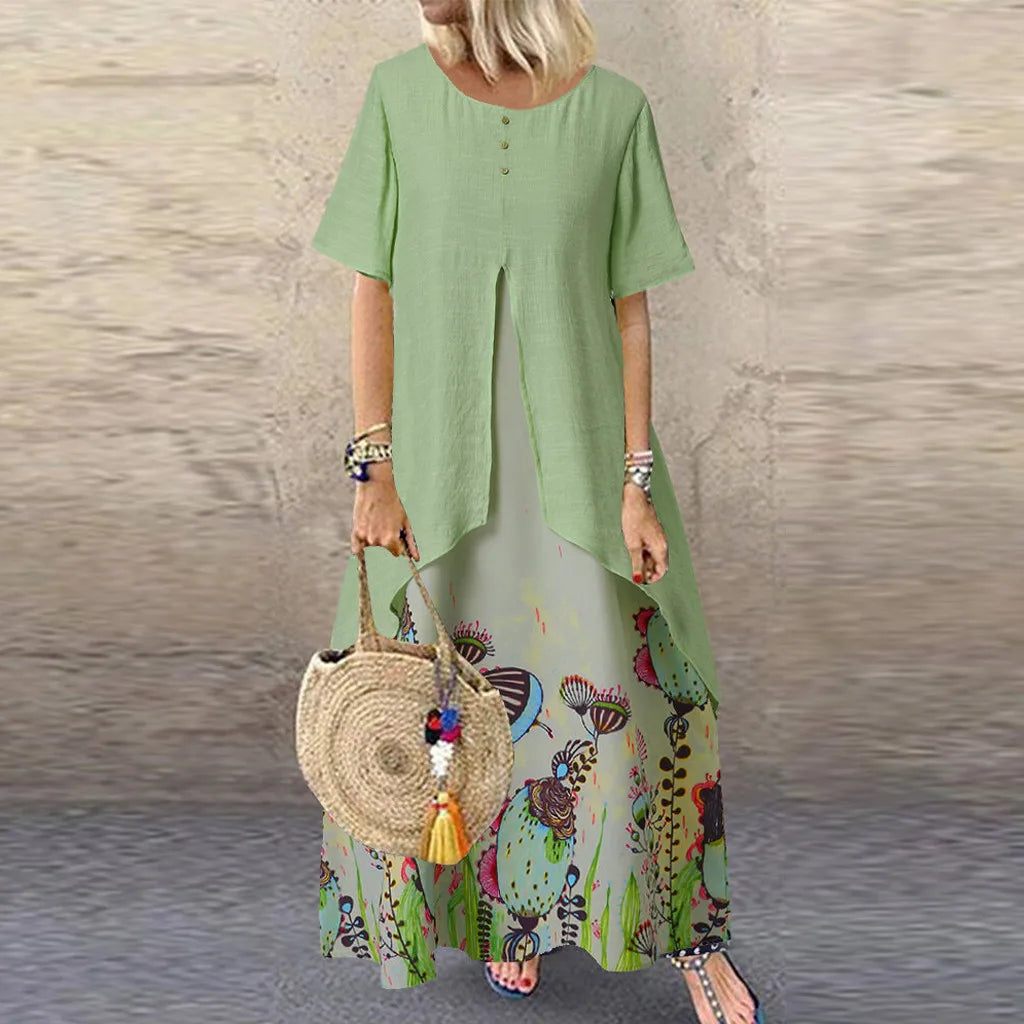 Women's Comfortable Clothes For Weekends JuliaFashion - Vintage Elegant Fake Two Piece Floral Print Short Sleeve O-Neck Long Loose Beach Vestidos Female Clothing Dress Women's Comfortable Clothes For Weekends JuliaFashion - Vintage Elegant Fake Two Piece Floral Print Short Sleeve O-Neck Long Loose Beach Vestidos Female Clothing Dress