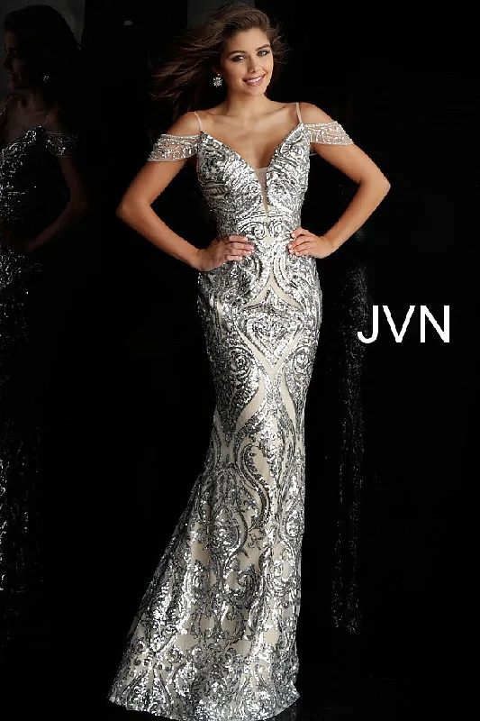 Women's Office Attire Jovani JVN67256 Size 4 Silver/Nude Long Sequin Prom Dress Plunging off the shoulder Gown