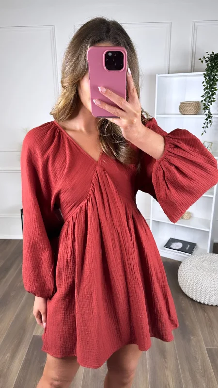 Women's Comfy Attire For Lounging Aurora Rust V Neckline Wide Sleeve Mini Dress