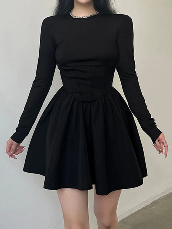 Chic Women's Outfit Corset Detail Black Long Sleeve Mini Dress