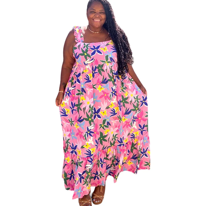 Women's Occasion Wear Apparel Pink Plus Size Floral Print Babydoll Maxi Dress