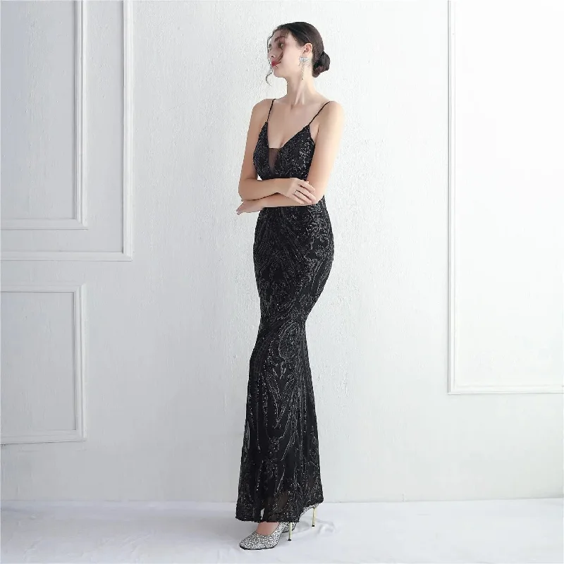 Women's Outfit For The Office Black Sequins Straps Prom Evening Party Dresses Mermaid Floor Length Women Formal Dress Elegant for Wedding Guests Party