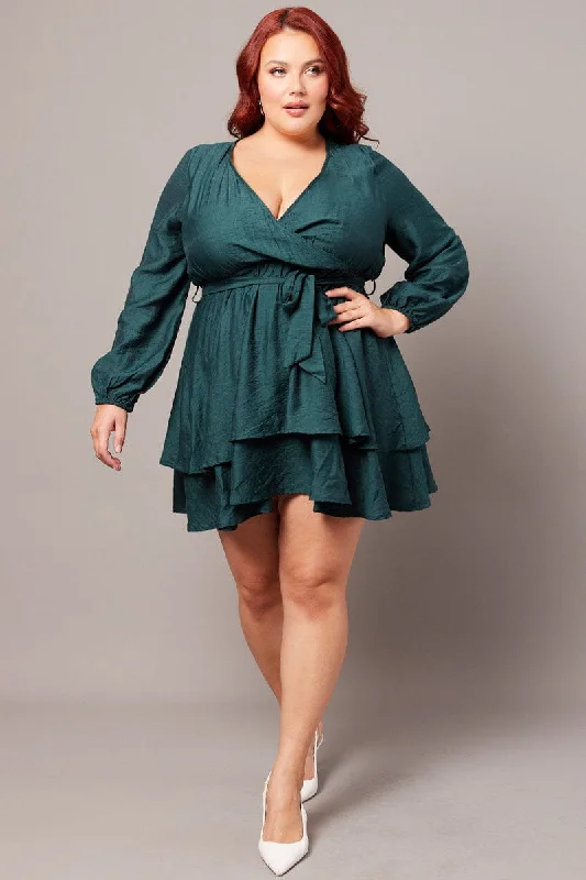 Timeless Women's Clothing Green Tiered Cross Front Mini Dress