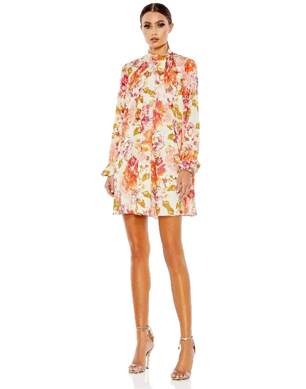 Women's Clothing For Everyday Wear Mac Duggal 55634 Long Sleeve Floral Cocktail Dress