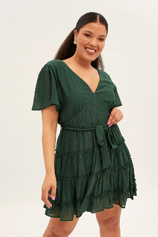 Affordable Luxury Women's Apparel Green Mini Dress Short Flare Sleeve Textured Frill