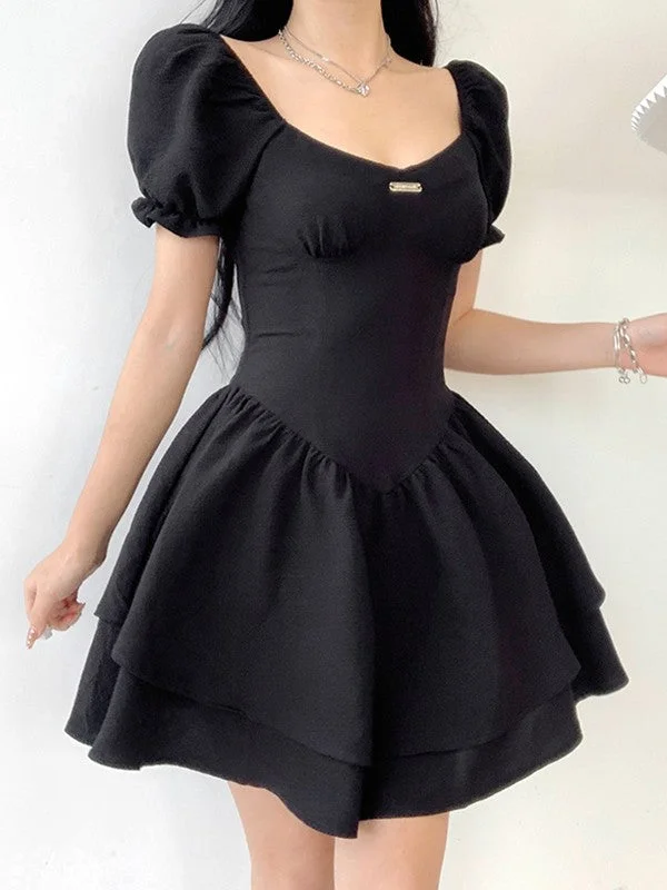 Women's Chic Outfit Black Puff Sleeve Corset Mini Dress