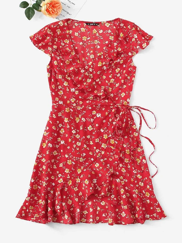 Women's Casual Wear Clothes Plus Ditsy Floral Ruffle Trim Self Tie Wrap Dress