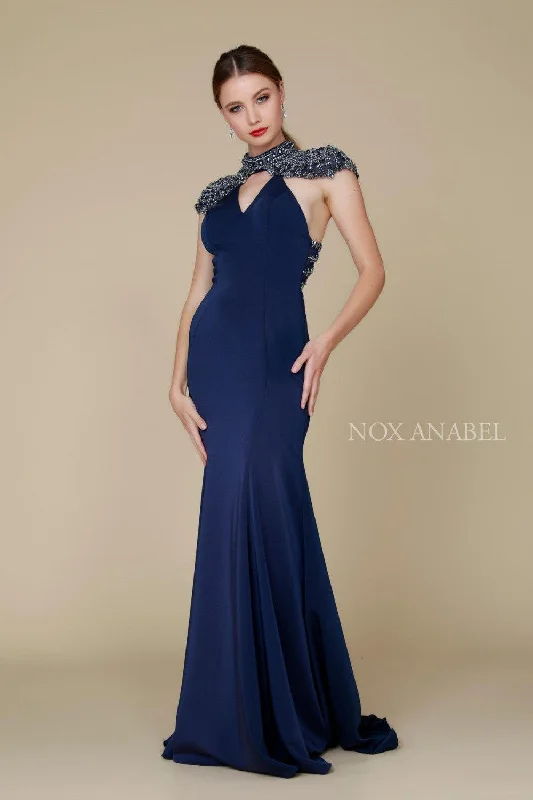 Women's Holiday Attire Long Beaded Coverlet Evening Gown Prom Dress Navy Blue