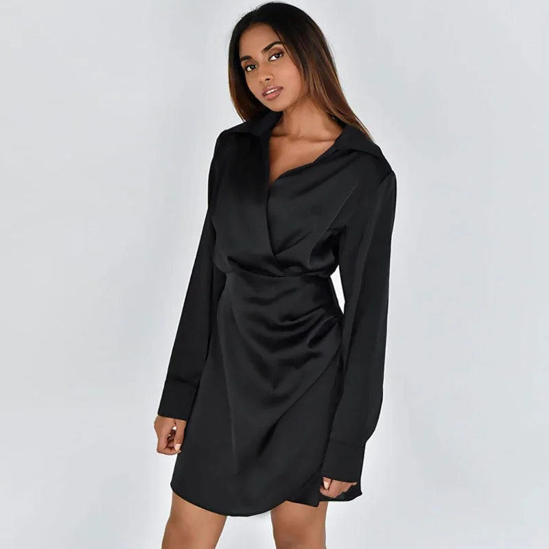 Women's Vacation Attire V Neck Long Sleeve Shirt Mini Dress - Black