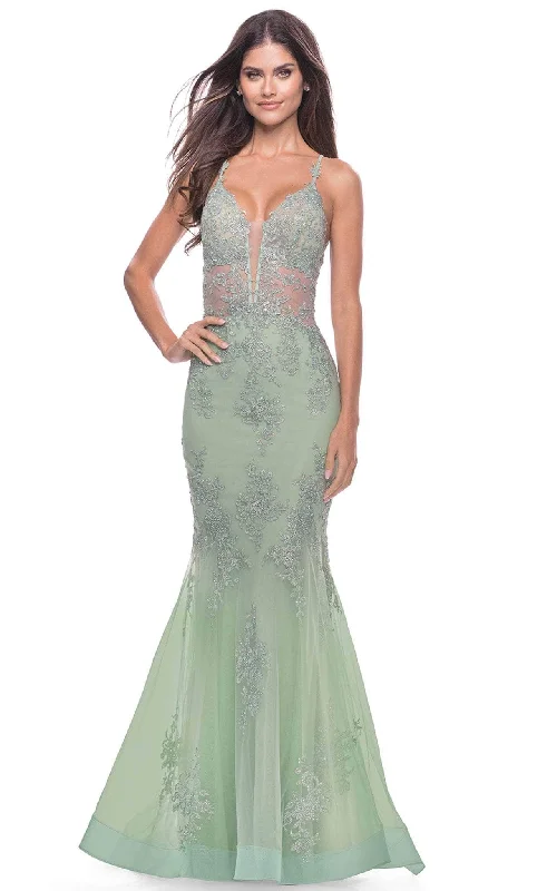 Women's Activewear Apparel La Femme 31598SC - Deep V-Neck Lace Evening Gown