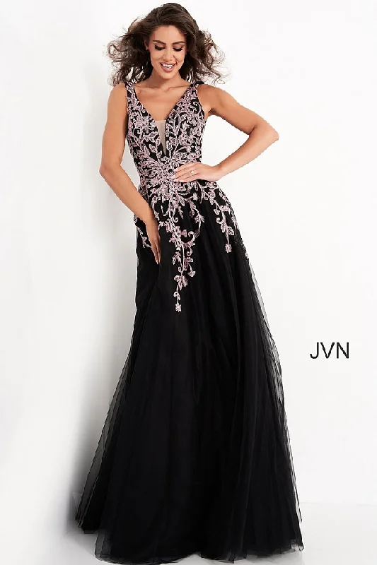 Women's Casual Garments Jovani JVN2302 Size 8 Black/Rose Floral V neck A Line Ballgown Prom Dress Formal