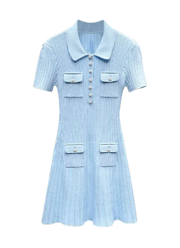 Women's Casual Outfit O240017 Short Sleeve Knitted Mini Dress *Blue