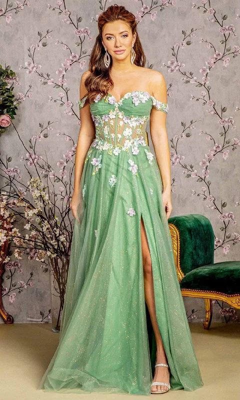 Women's Chic Outerwear Garments GLS by Gloria GL3227 - Off-Shoulder Floral Embellished Prom Gown