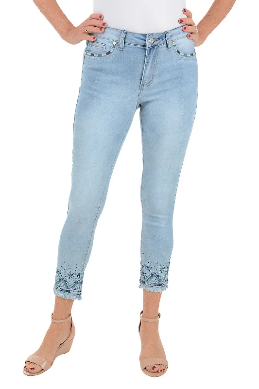 Women's Formal Event Clothing Blue Gradient Embroidered Denim Crop Pant