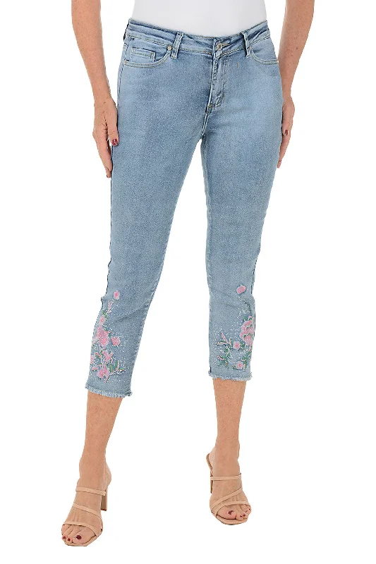 Comfortable Lounge Clothing Blue Rhinestone Roses Denim Capri Pant