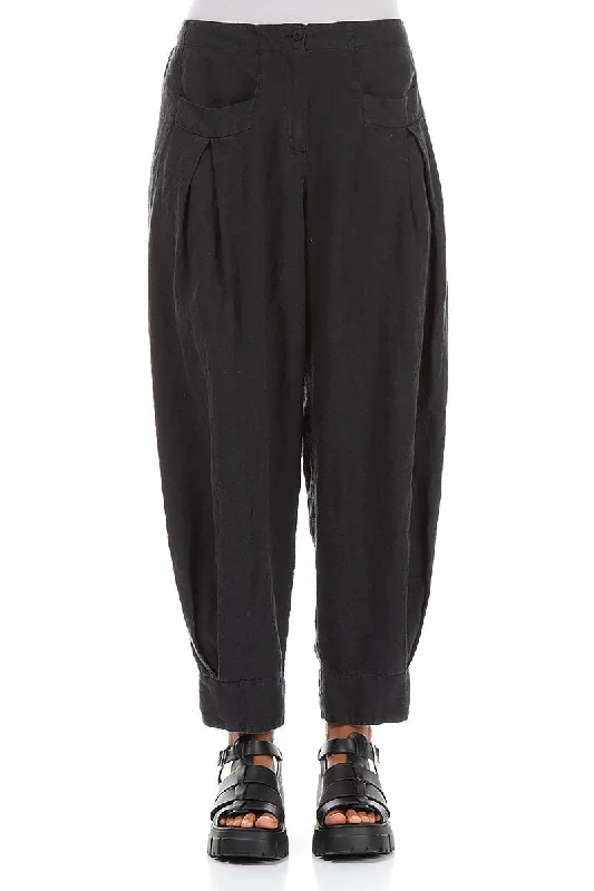 Comfortable Women's Clothing Tapered Pockets Black Linen Trousers