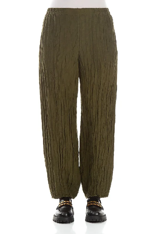 Stylish Women's Outfit Pencil Crinkled Khaki Silk Trousers