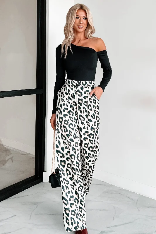 Women's High-Fashion Garments Feisty Feline Satin Wide Leg Pants (Leopard)