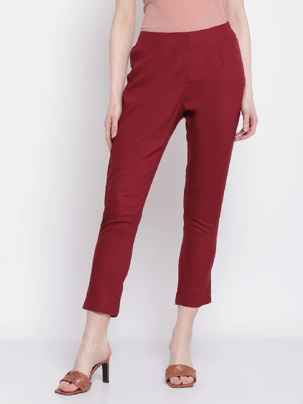 Women's Classic Attire Women's Regular Slim Fit Wine Flat Front Mid rise Ethnic Pant