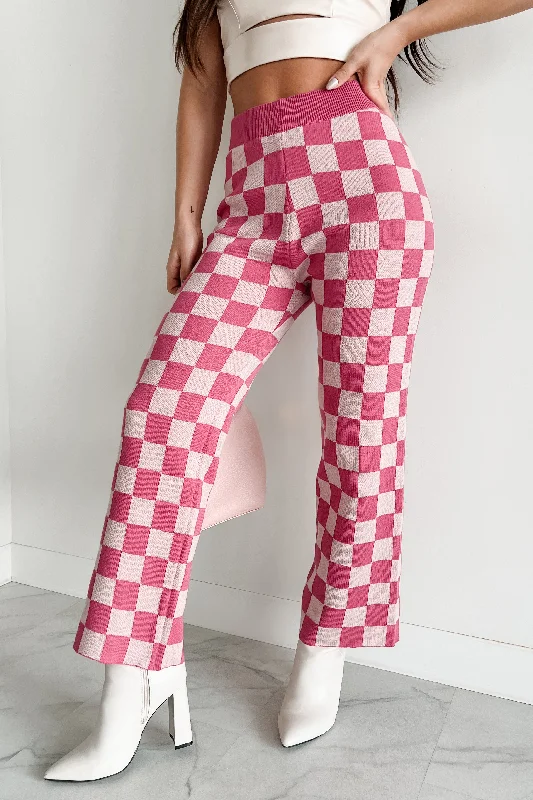 Women's Work Outfit For The Office Adorable Moments Checker Knit Pants (Fuchsia/Pink)