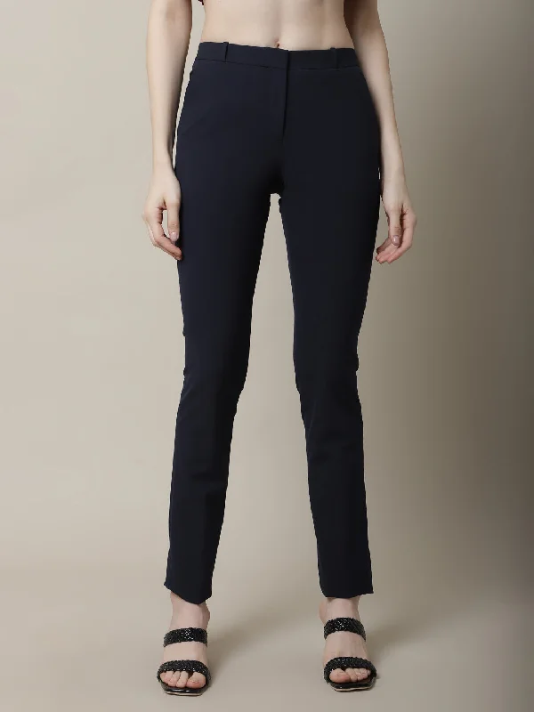 Women's Professional Outfit Women's Formal Flat Front Navy Blue Full length Mid rise Trousers