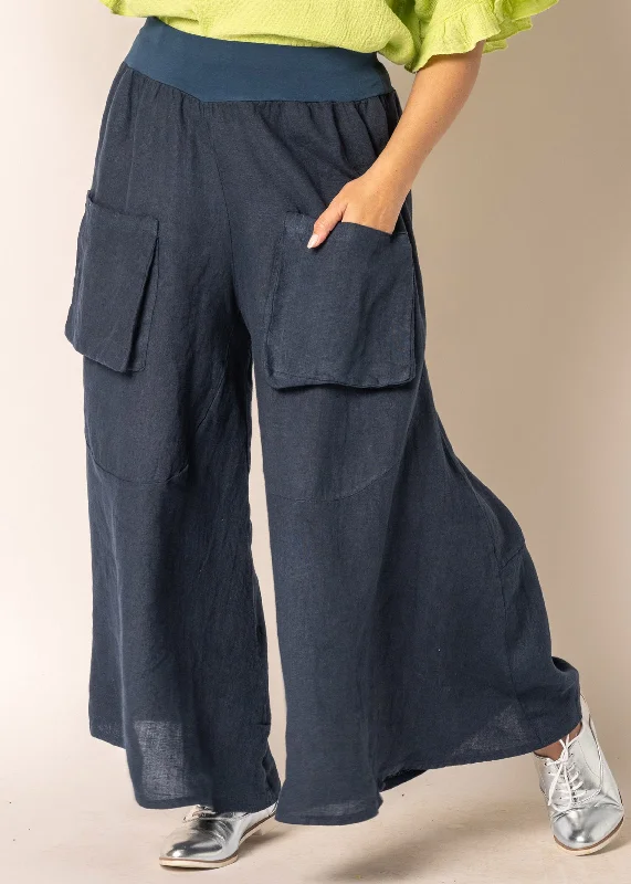 Women's Evening Wear Attire Byrony Linen Pants in Navy