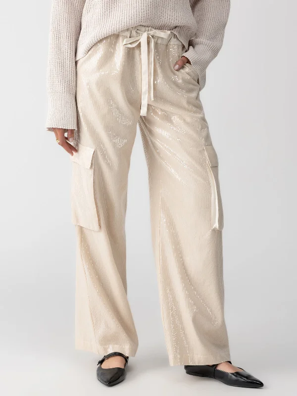 Women's Layered Outfit Pull-On Sequin Semi High Rise Cargo Pant Frosted Almond