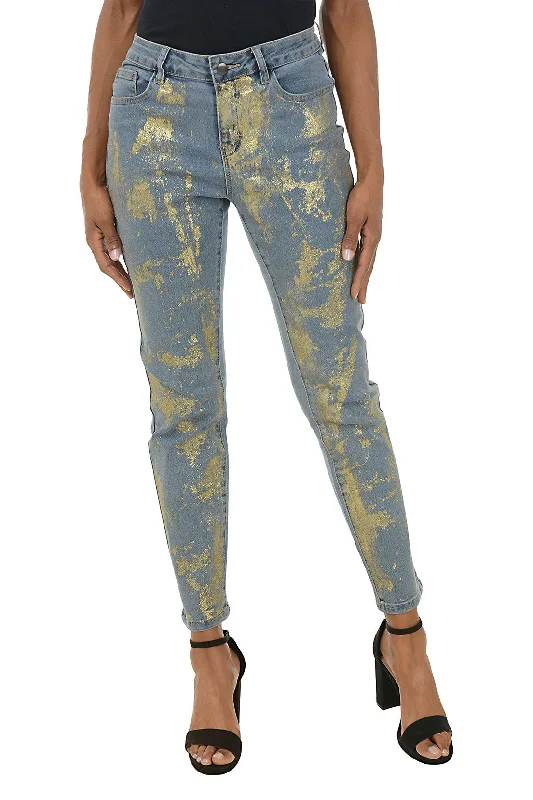 High-Fashion Women's Clothing Gold Shimmer Denim Ankle Pant