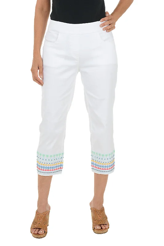 Women's Holiday Attire Palm Embroidered Hem Denim Capri Pant