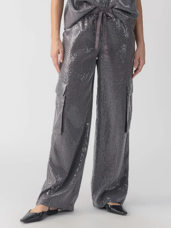 Comfortable Outfit For Women Pull-On Sequin Semi High Rise Cargo Pant Gunmetal