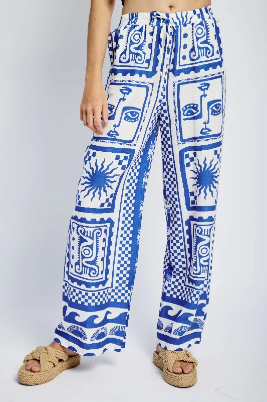 Women's Luxury Apparel Elasticated Wide Easy Pants in Mykonos