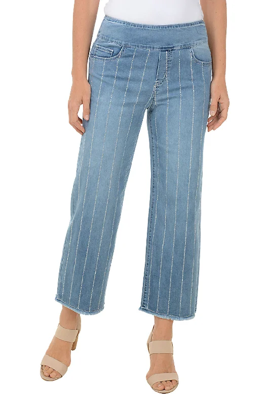 Women's Functional Outdoor Garments Rhinestone Striped Wide Leg Denim Pant