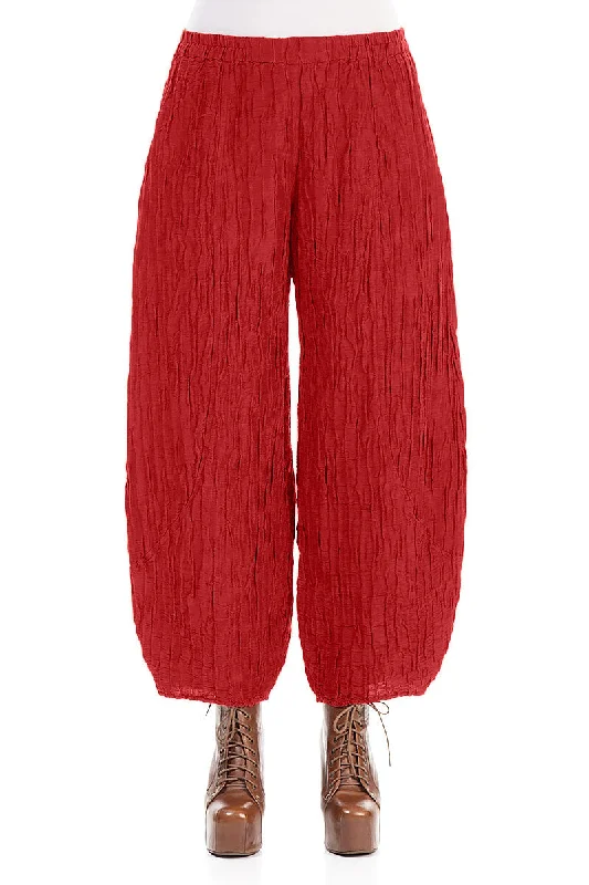 Women's High-End Clothing Taper Crinkled Red Silk Linen Trousers