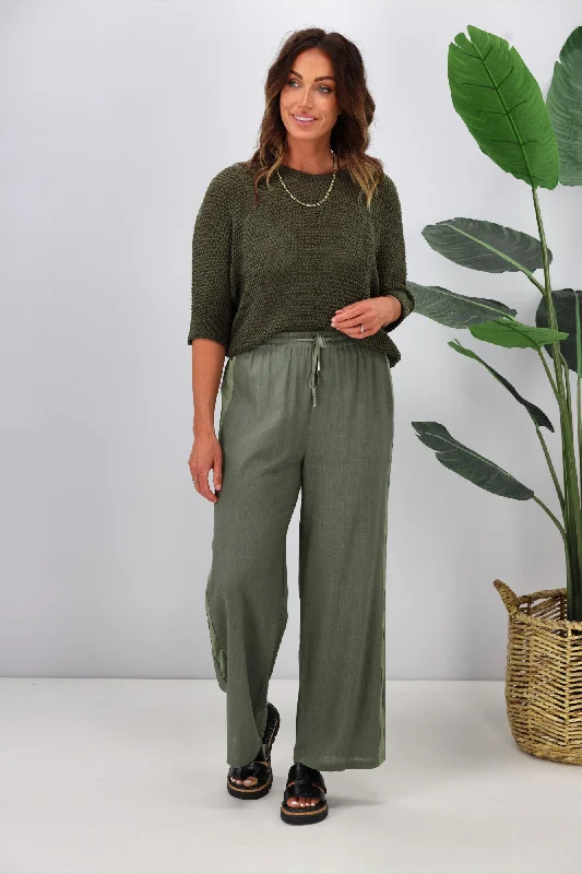 Vintage-Inspired Garments Jane James Renee Linen Look Pant With Satin Stripe Sage