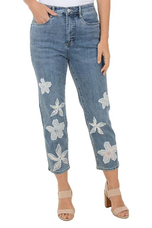 Women's Comfortable Garments Floral Applique Denim Crop Pant